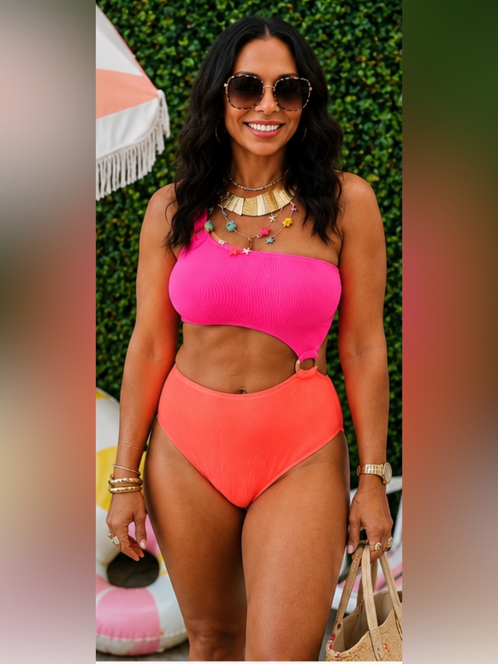 Neon Pink & Coral One-Shoulder Cutout Bikini